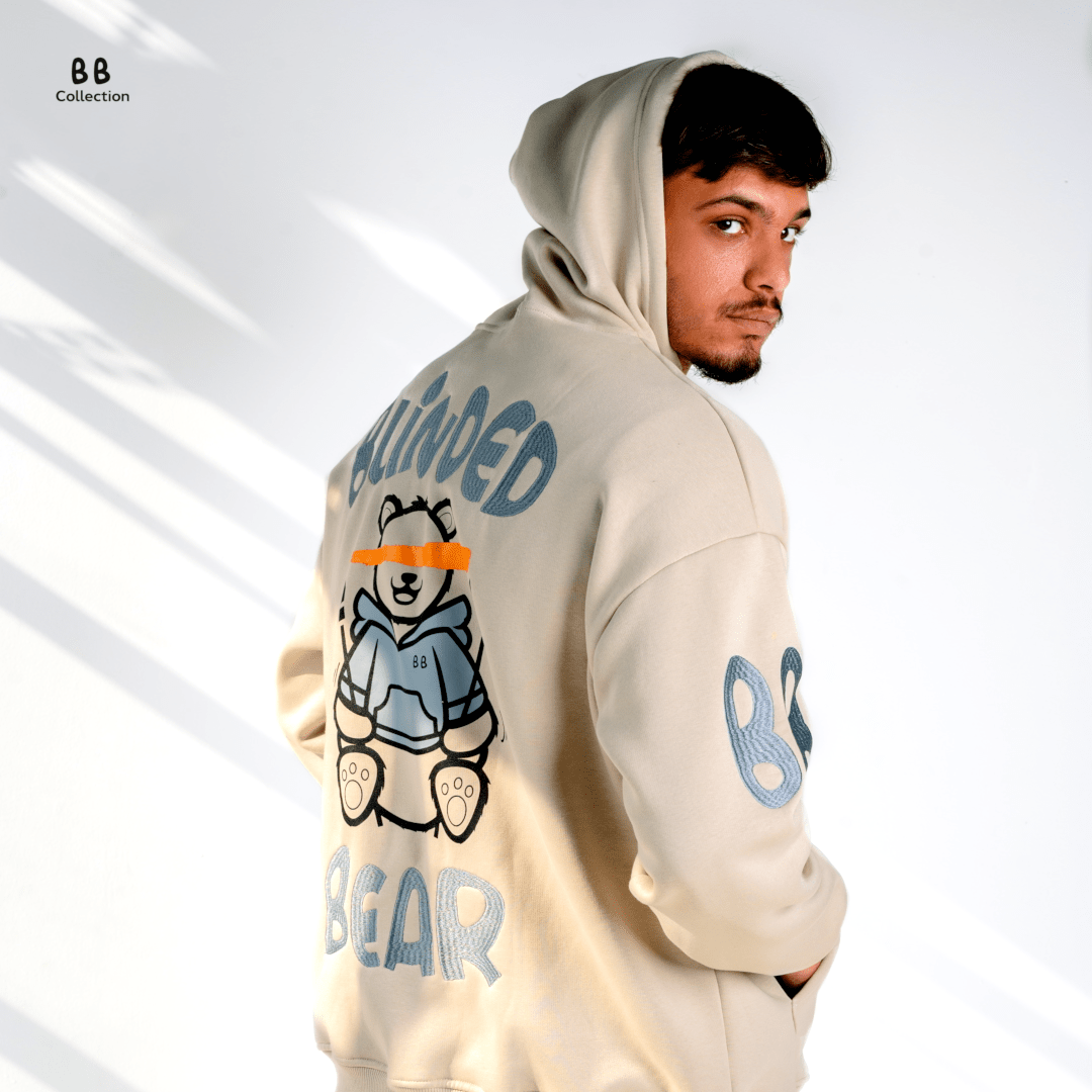 Beige Blinded Bear Hoodie - designed - Peaco