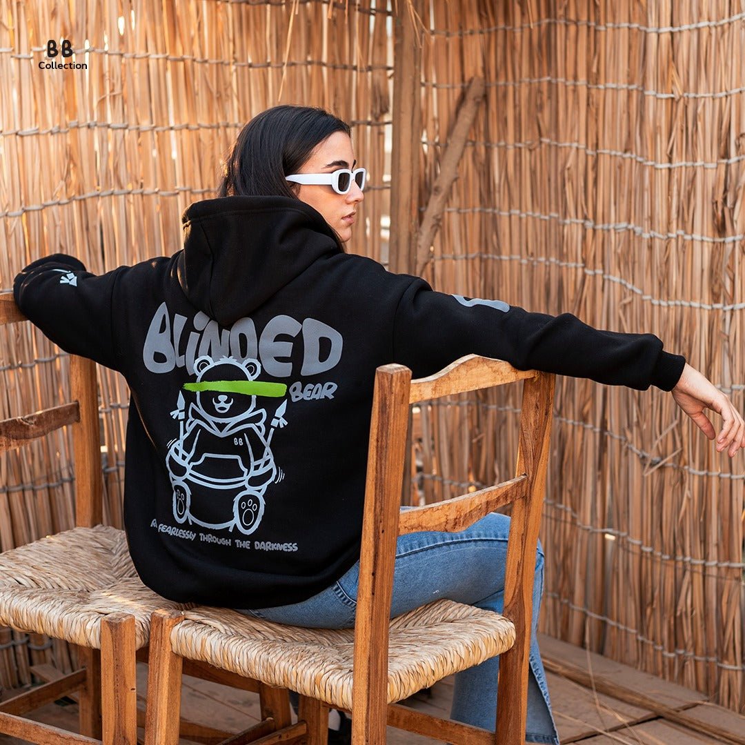 Black Blinded Bear Hoodie - designed - Peaco