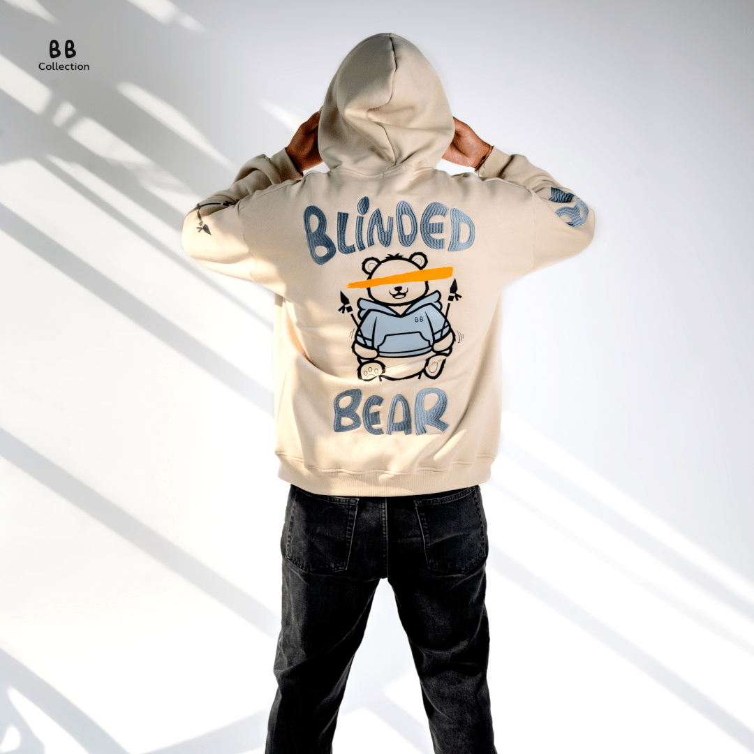Beige Blinded Bear Hoodie - designed - Peaco