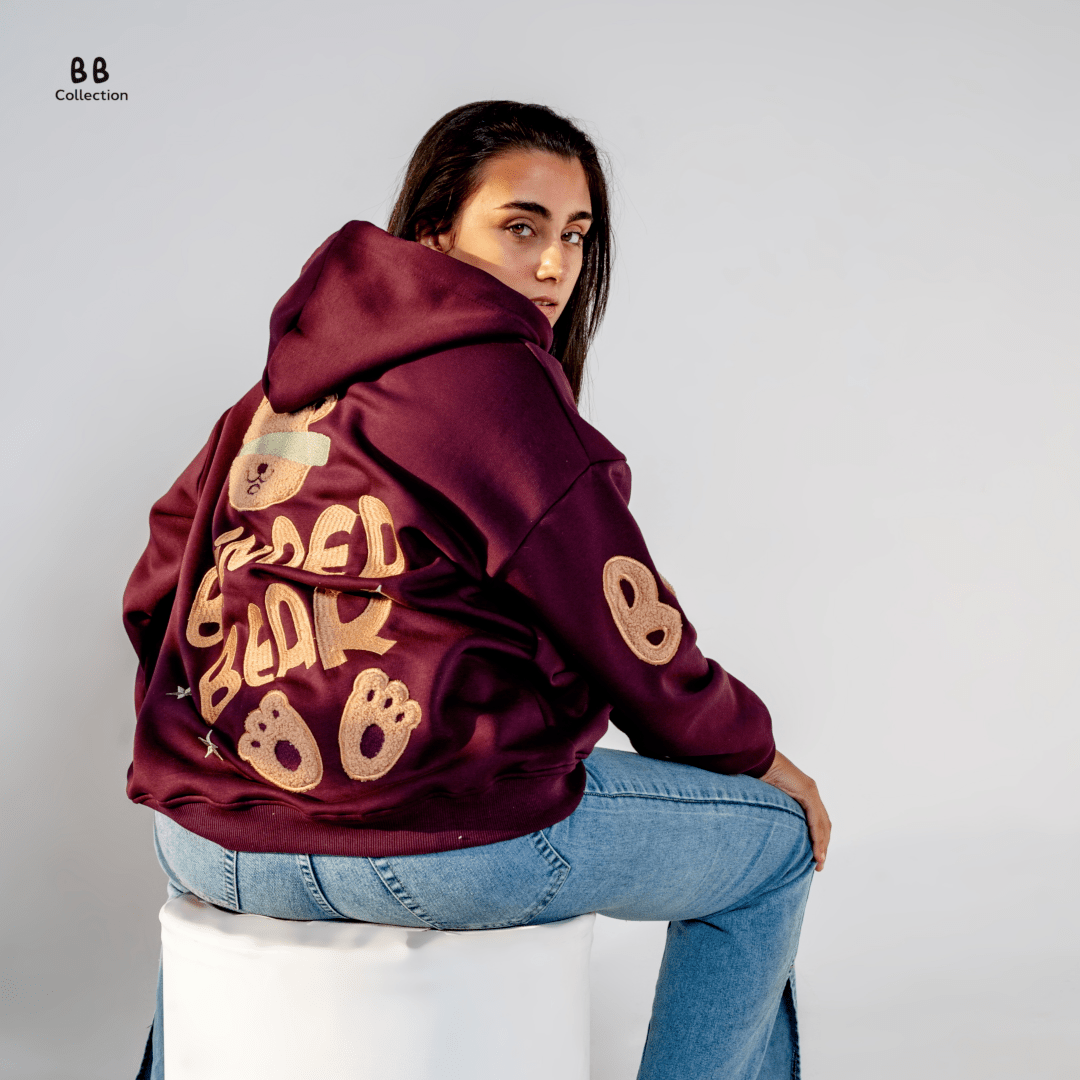 Burgundy Blinded Bear Hoodie - designed - Peaco
